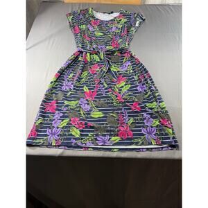 Tropical Floral Stripe Fit & Flare Dress Tie Waist Short Sleeve Sundress 1X